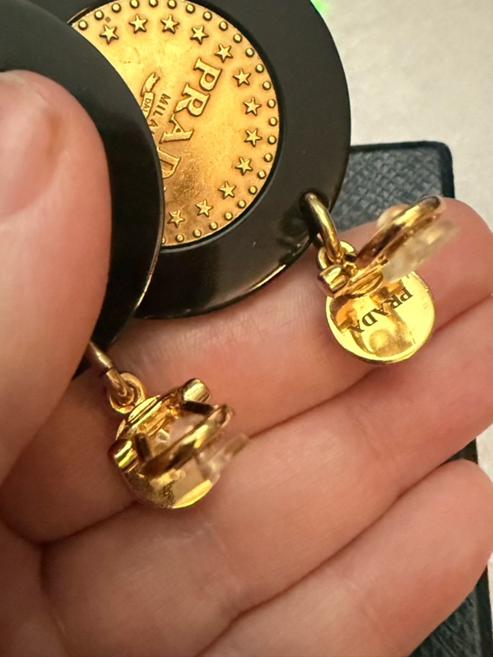 Vintage Prada Black and Gold Medallion Clip-On Earrings - Picture 3 of 5